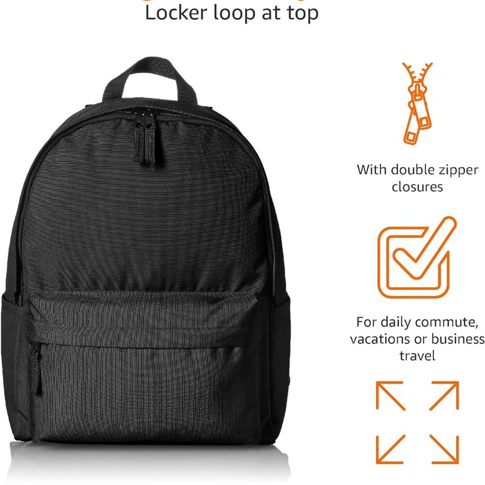 New NWT Amazon Basics Solid Black Classic Padded Should Strap School Backpack